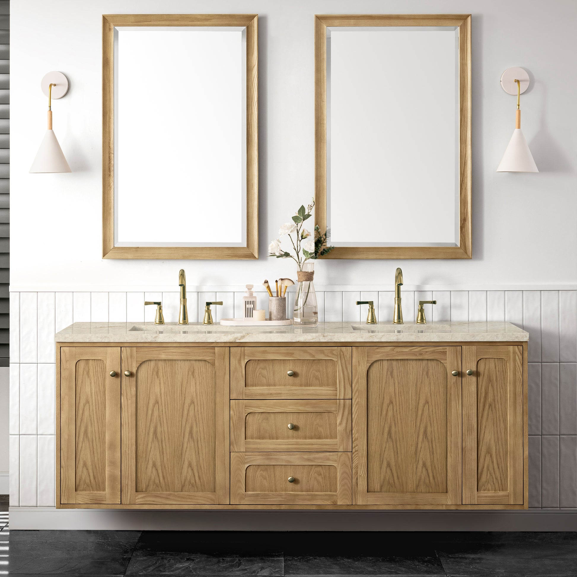 Renovate for Less Atlanta Laurent 72" Double Vanity, Light Natural Oak, w/ 3 CM Tajnar Eclos Top w/FreePower Wireless Charger