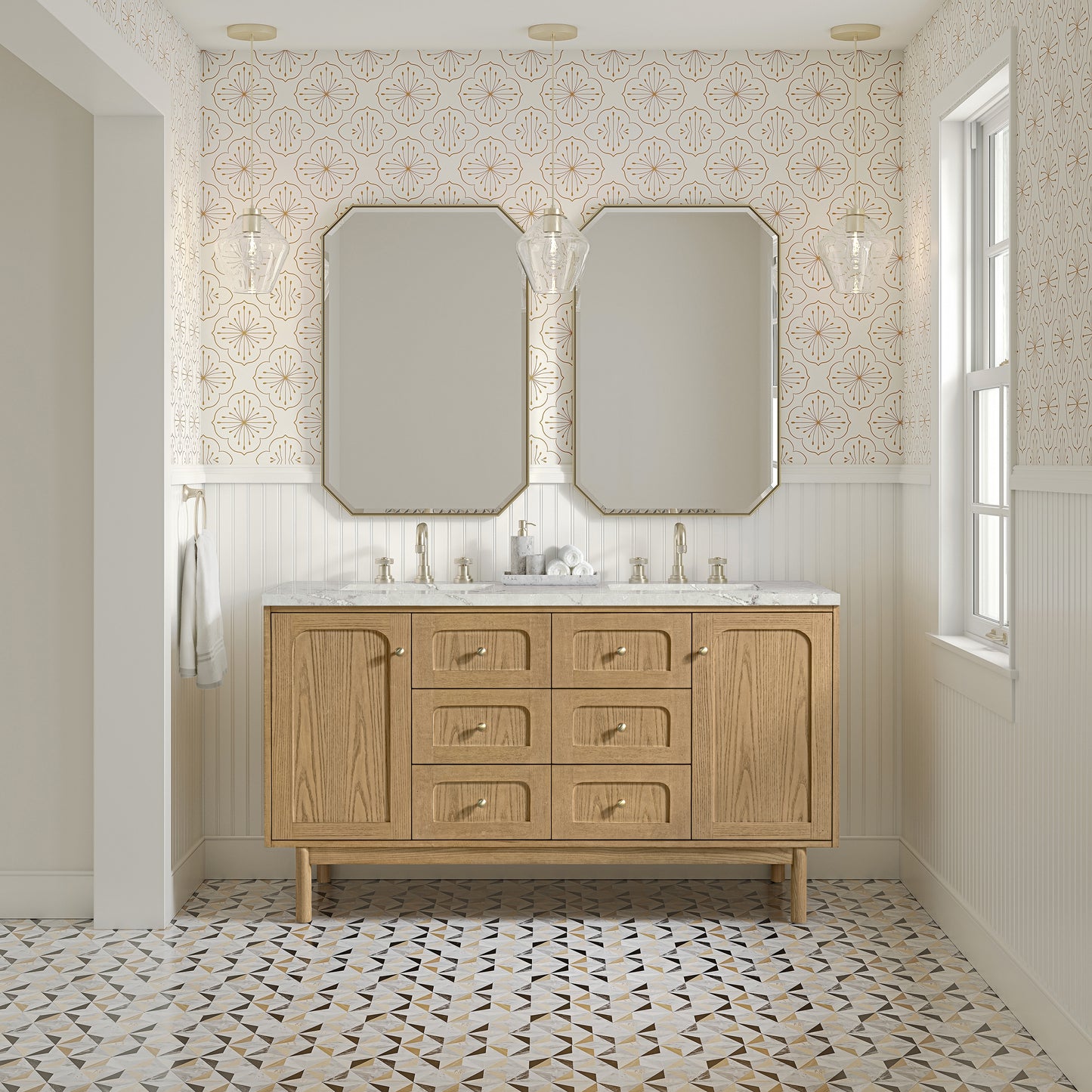 Renovate for Less Atlanta Laurent 60" Double Vanity, Light Natural Oak, w/ 3 CM Victorian Silver Quartz Top