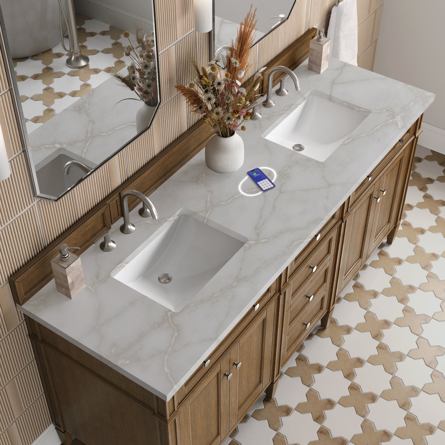 Renovate for Less Atlanta Brittany 72" Double Vanity, Saddle Brown w/ 3 CM Victorian Silver Silestone Top w/FreePower Wireless Charger