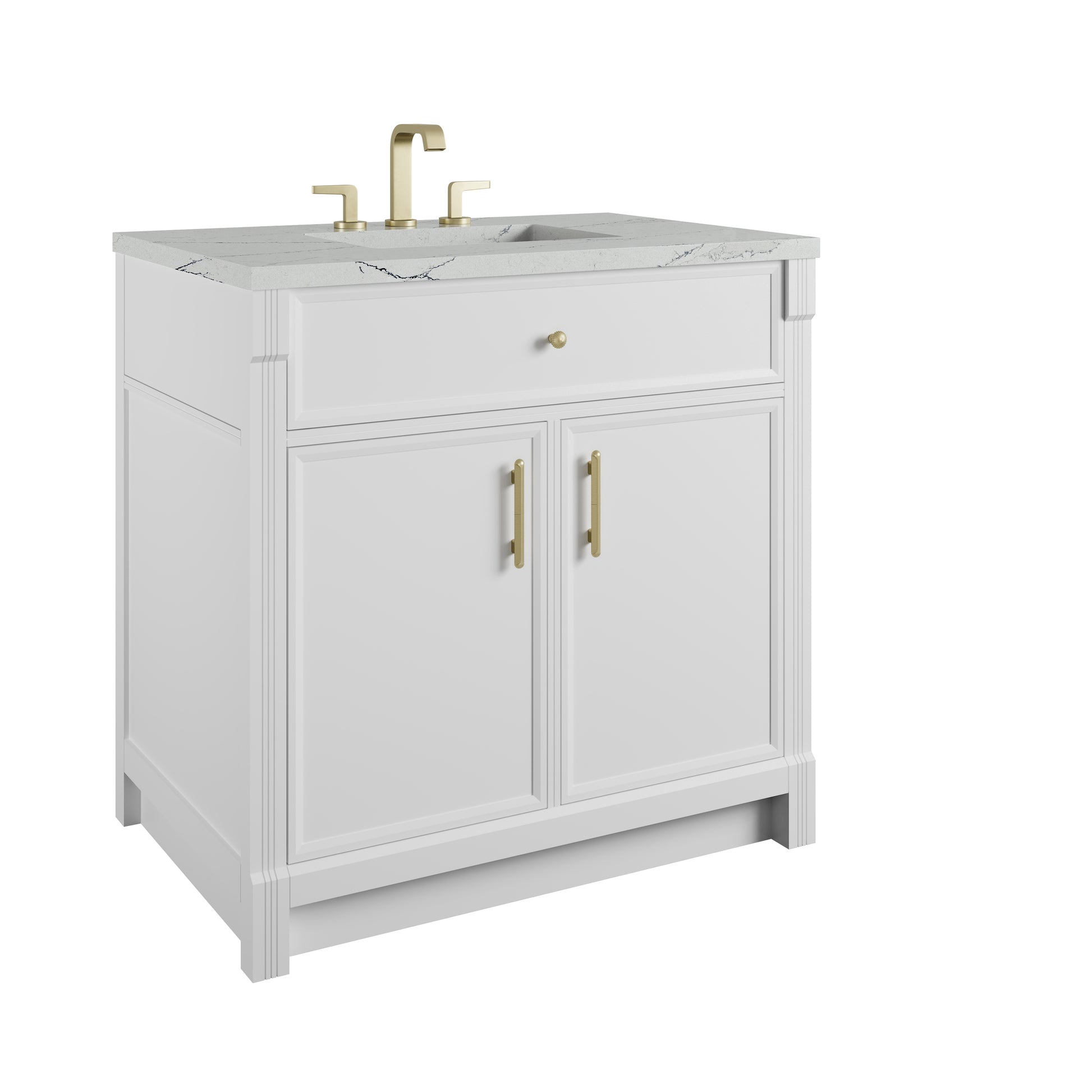 Renovate for Less Atlanta Bellshire 36" Single Vanity, Bright White w/ 3 CM Ethereal Noctis Silestone Top