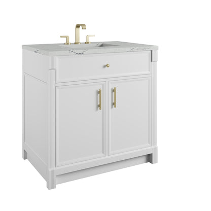 Renovate for Less Atlanta Bellshire 36" Single Vanity, Bright White w/ 3 CM Ethereal Noctis Silestone Top