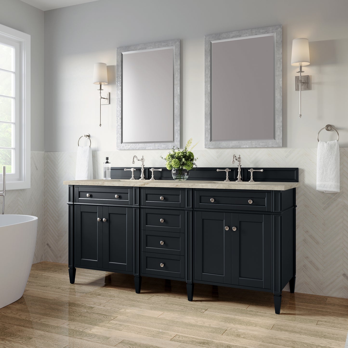 Renovate for Less Atlanta Brittany 72" Double Vanity, Black Onyx, w/ 3 CM Tajnar Eclos Top
