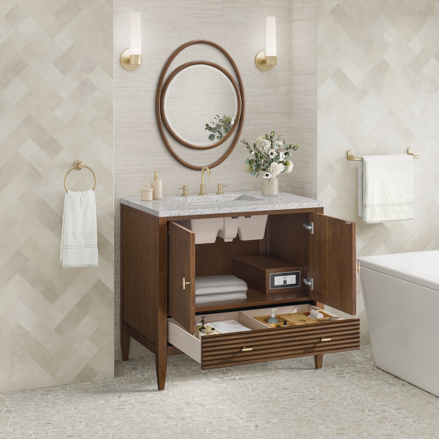 Renovate for Less Atlanta Myrrin 36" Vanity, Mid Century Walnut w/ 3 CM Eternal Jasmine Pearl Silestone Top
