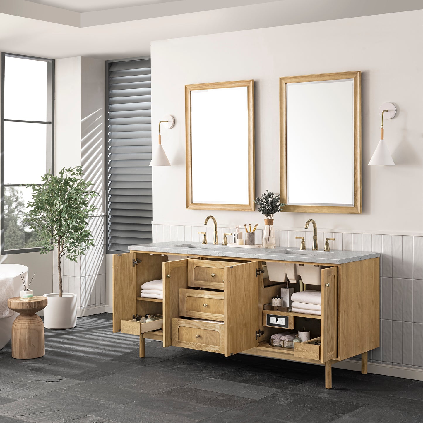 Renovate for Less Atlanta Laurent 72" Double Vanity, Light Natural Oak w/ 3 CM Eternal Jasmine Pearl Top w/FreePower Wireless Charger