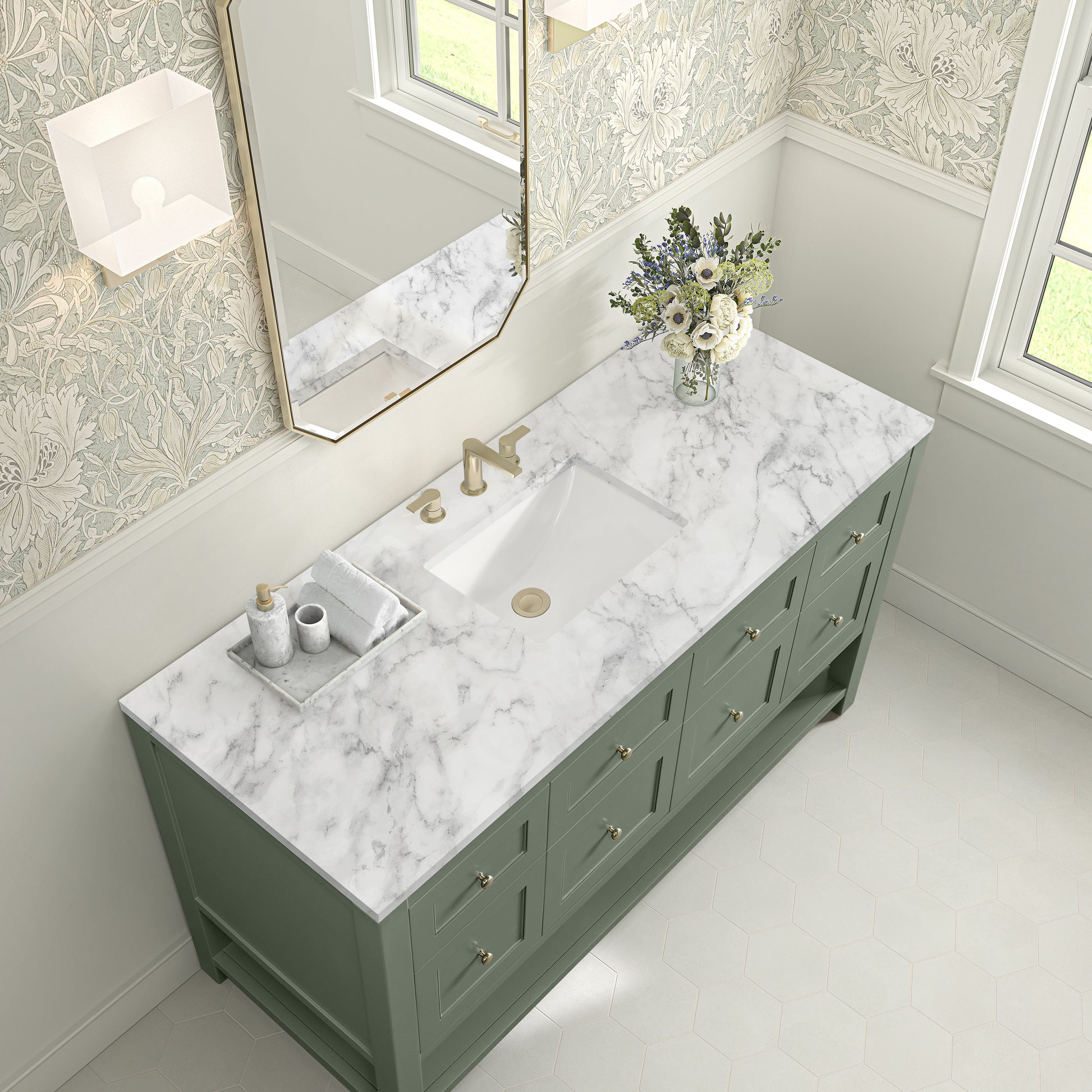 Renovate for Less Atlanta Breckenridge 60" Single Vanity, Smokey Celadon, w/ 3 CM Carrara Marble Top