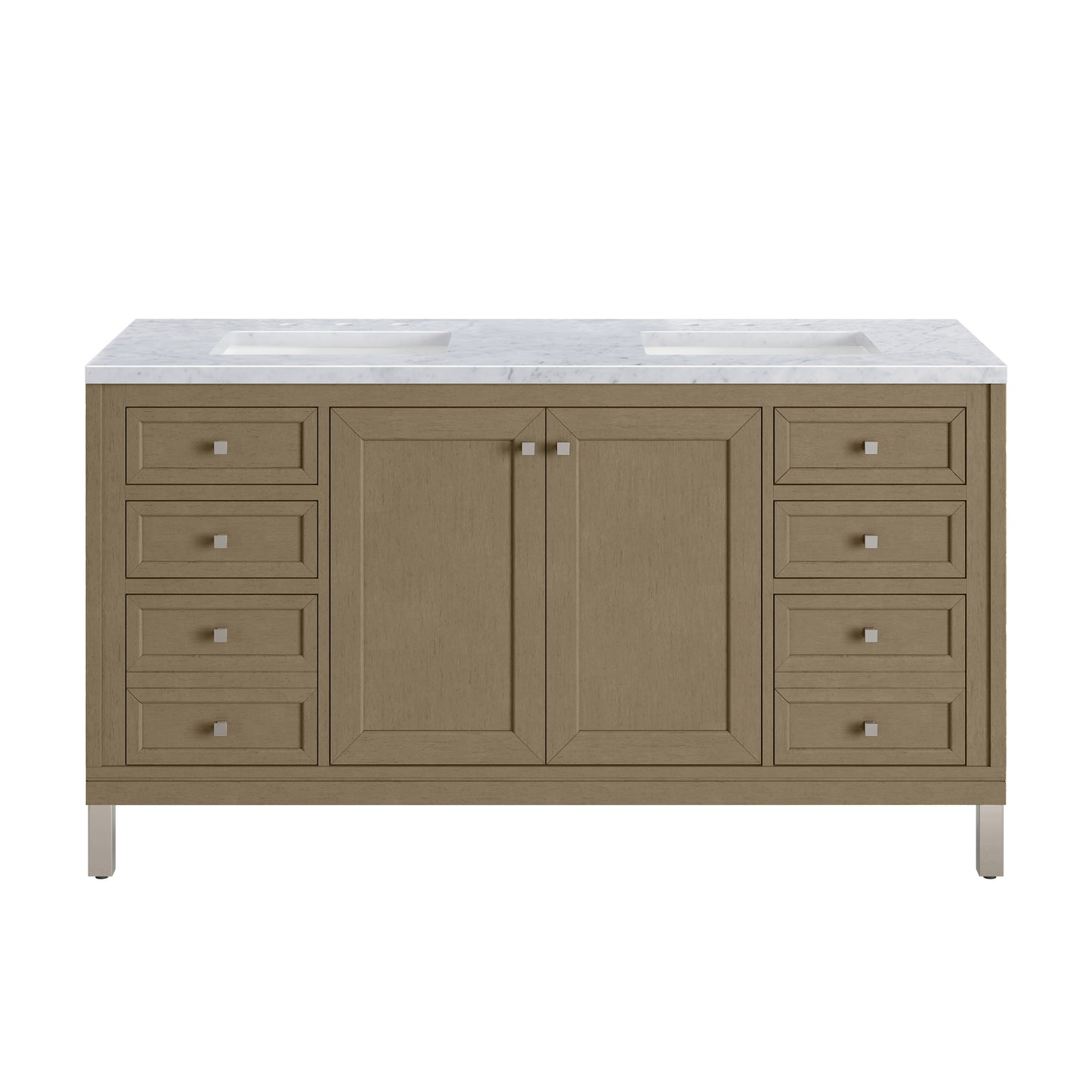 Renovate for Less Atlanta Chicago 60" Double Vanity, Walnut Whisper, w/ 3 CM Carrara Marble Top