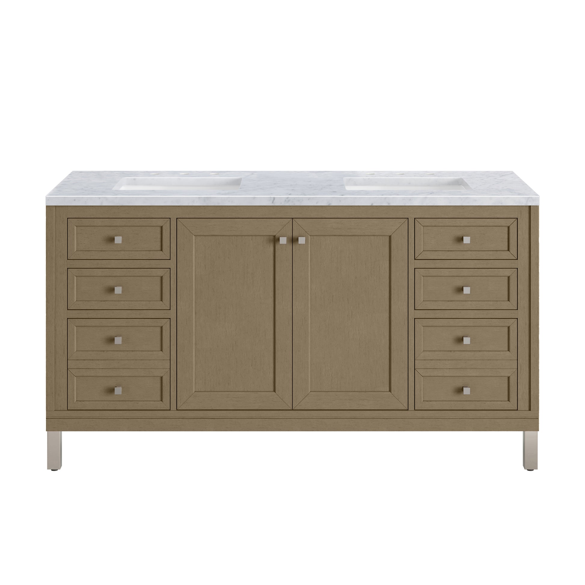 Renovate for Less Atlanta Chicago 60" Double Vanity, Walnut Whisper, w/ 3 CM Carrara Marble Top