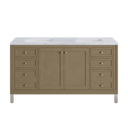 Renovate for Less Atlanta Chicago 60" Double Vanity, Walnut Whisper, w/ 3 CM Carrara Marble Top