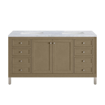 Chicago 60" Double Vanity, Walnut Whisper, w/ 3 CM Carrara Marble Top