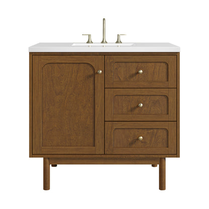Renovate for Less Atlanta Laurent 36" Single Vanity, Honey Oak w/ 3 CM White Zeus Silestone Top