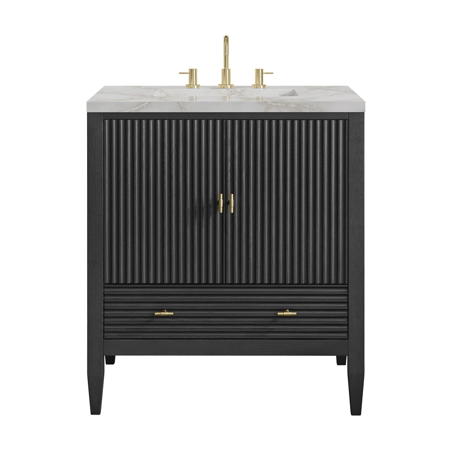 Renovate for Less Atlanta Myrrin 30" Single Vanity, Carbon Oak w/ 3 CM Victorian Silver Silestone Top