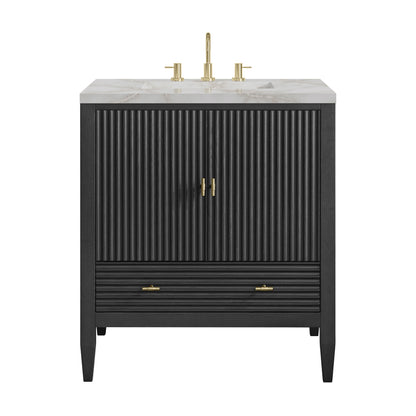 Renovate for Less Atlanta Myrrin 30" Single Vanity, Carbon Oak w/ 3 CM Victorian Silver Silestone Top
