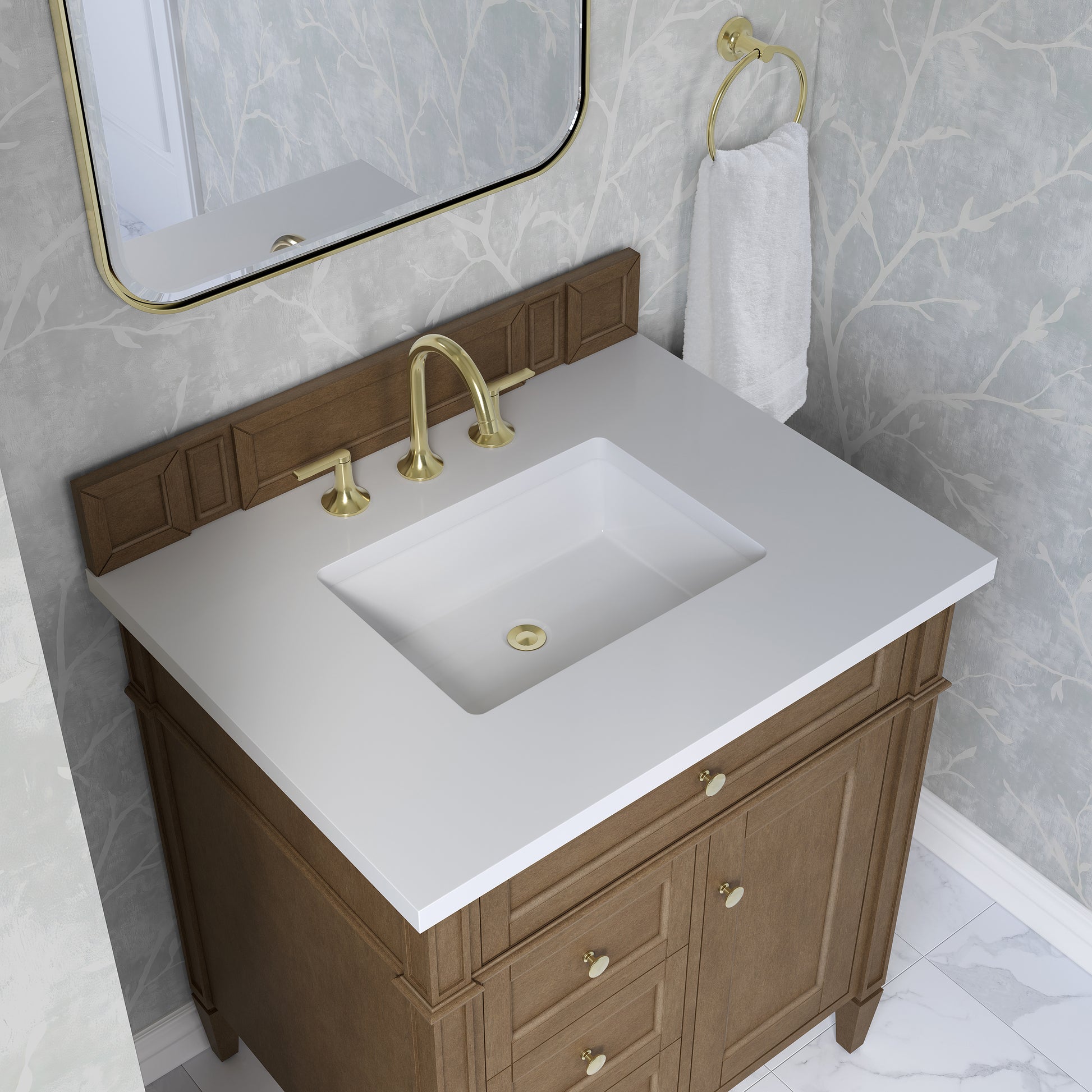 Renovate for Less Atlanta Brittany 30" Single Vanity, Pecan w/ 3 CM White Zeus Silestone Top