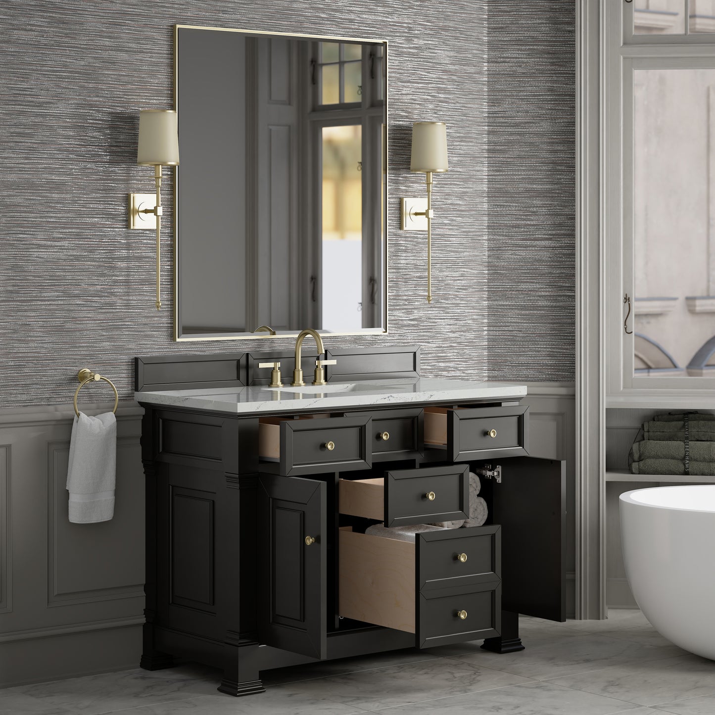Renovate for Less Atlanta Brookfield 48" Single Vanity, Black Onyx w/ 3 CM Ethereal Noctis Silestone Top w/ FreePower Wireless Charger