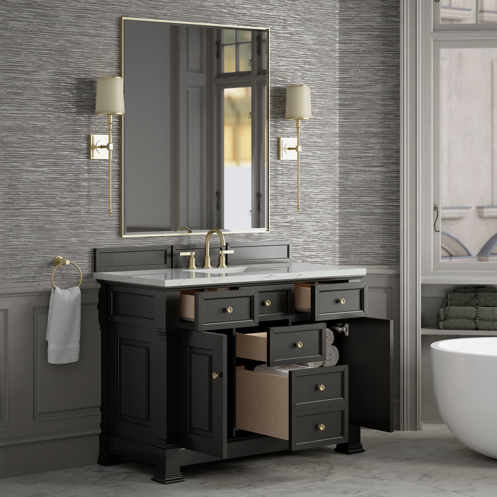 Renovate for Less Atlanta Brookfield 48" Single Vanity, Black Onyx w/ 3 CM Ethereal Noctis Silestone Top w/ FreePower Wireless Charger