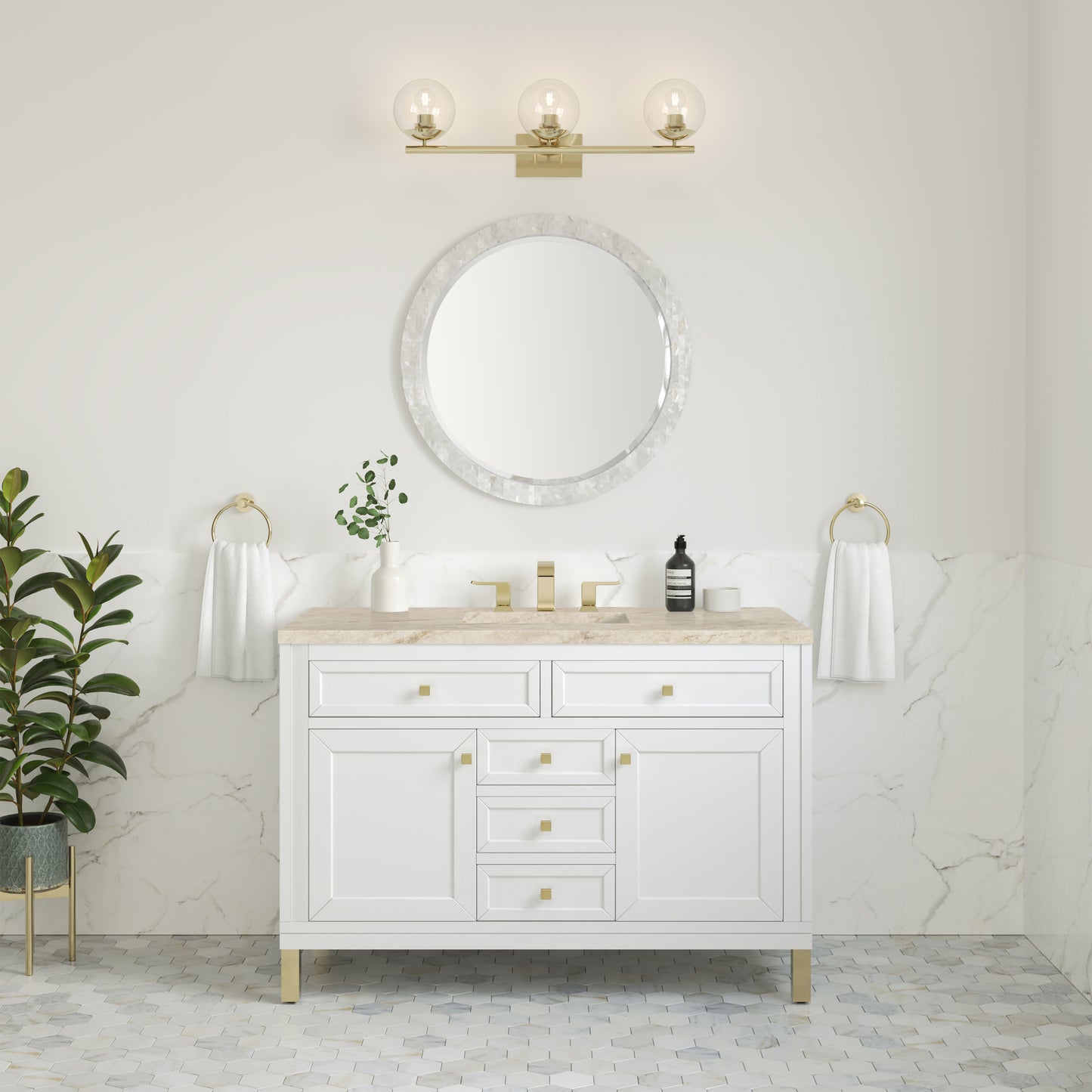 Renovate for Less Atlanta Chicago 48" Single Vanity, Glossy White, w/ 3 CM Tajnar Eclos Top w/FreePower Wireless Charger