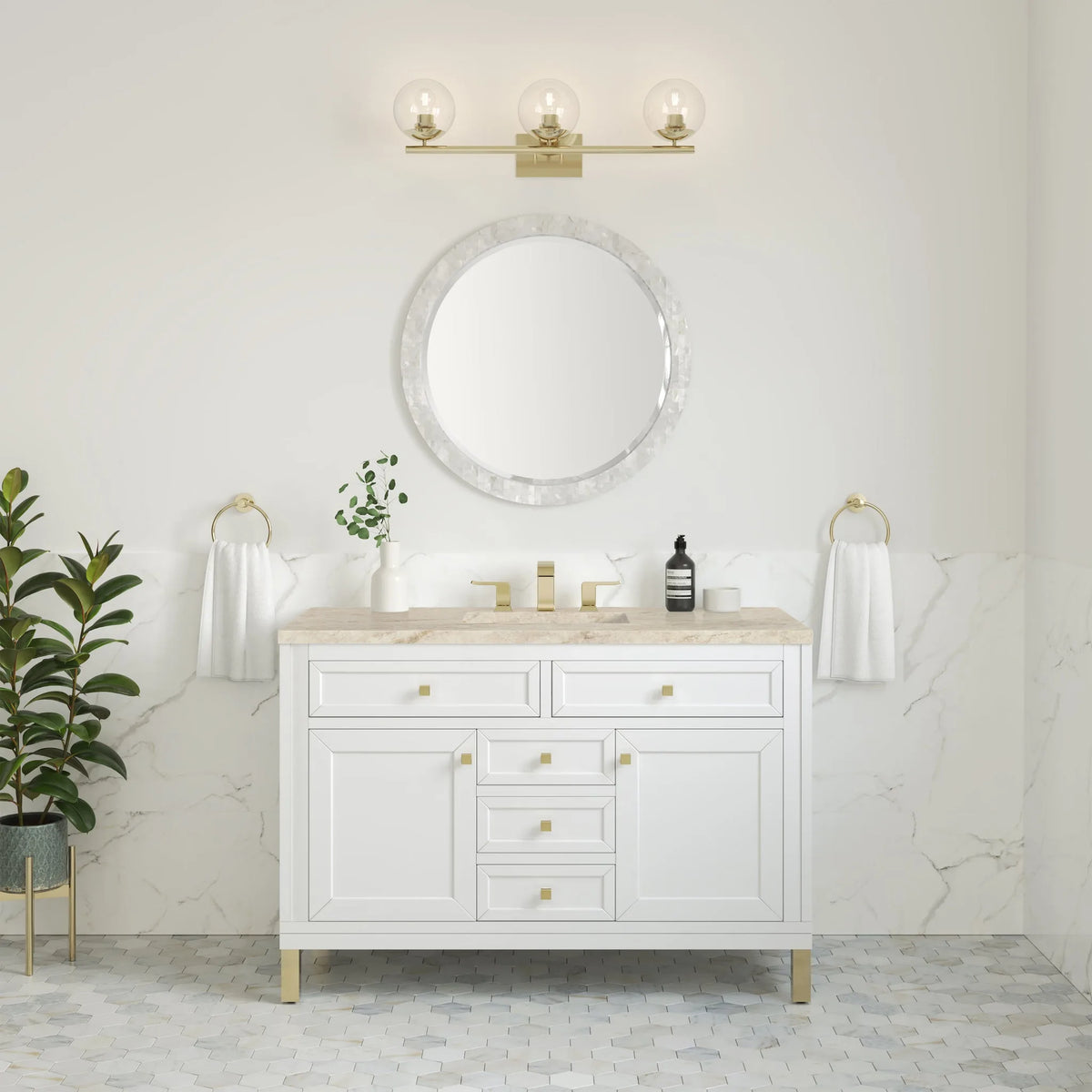 Chicago 48" Single Vanity, Glossy White, w/ 3 CM Tajnar Eclos Top w/FreePower Wireless Charger