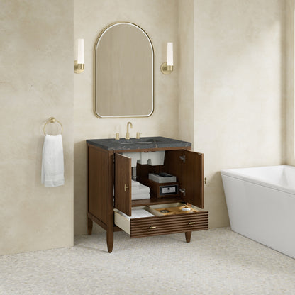Renovate for Less Atlanta Myrrin 30" Single Vanity, Mid-Century Walnut w/ 3 CM Parisien Bleu Silestone Top