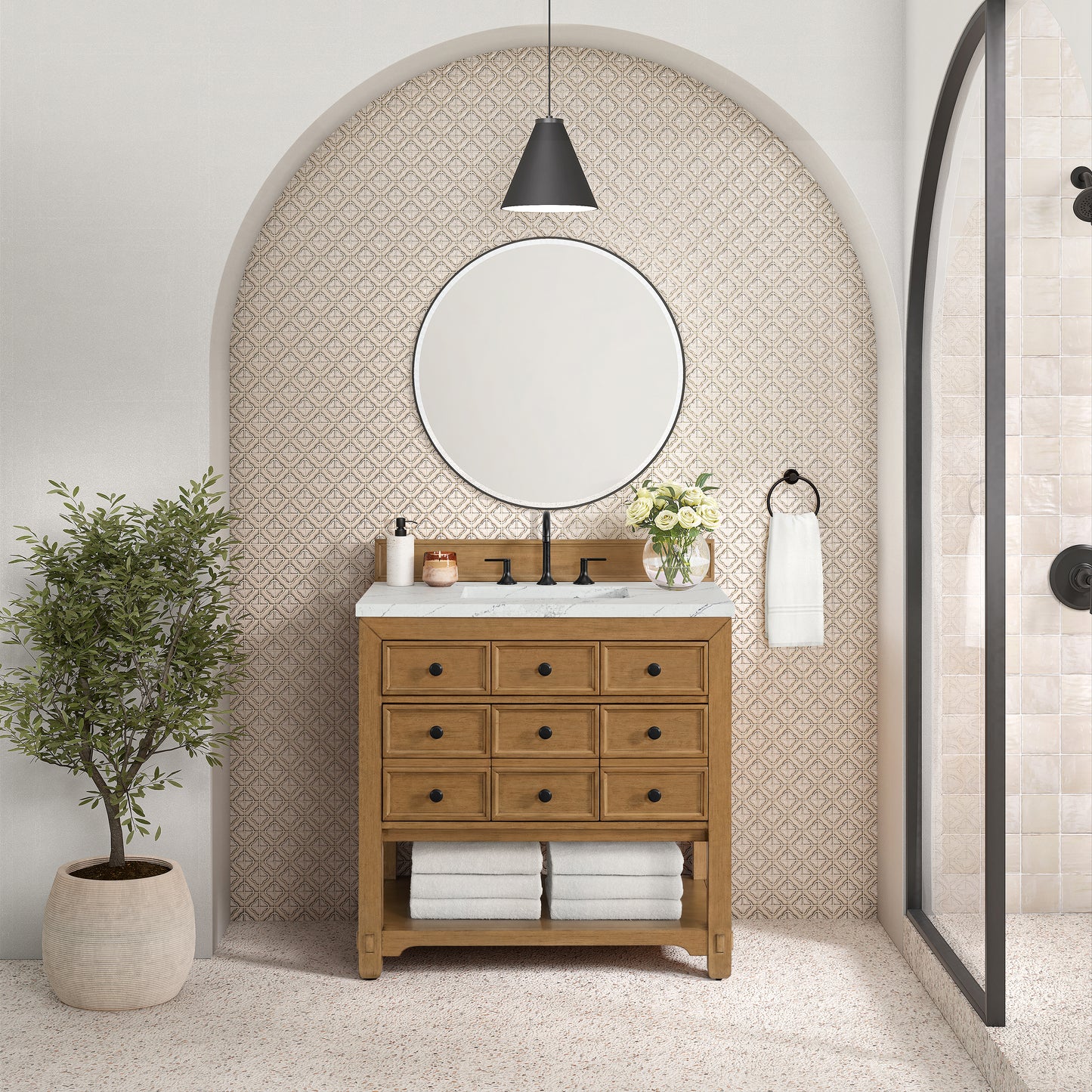 Renovate for Less Atlanta Malibu 36" Single Vanity, Amber Birch w/ 3 CM Ethereal Noctis Top