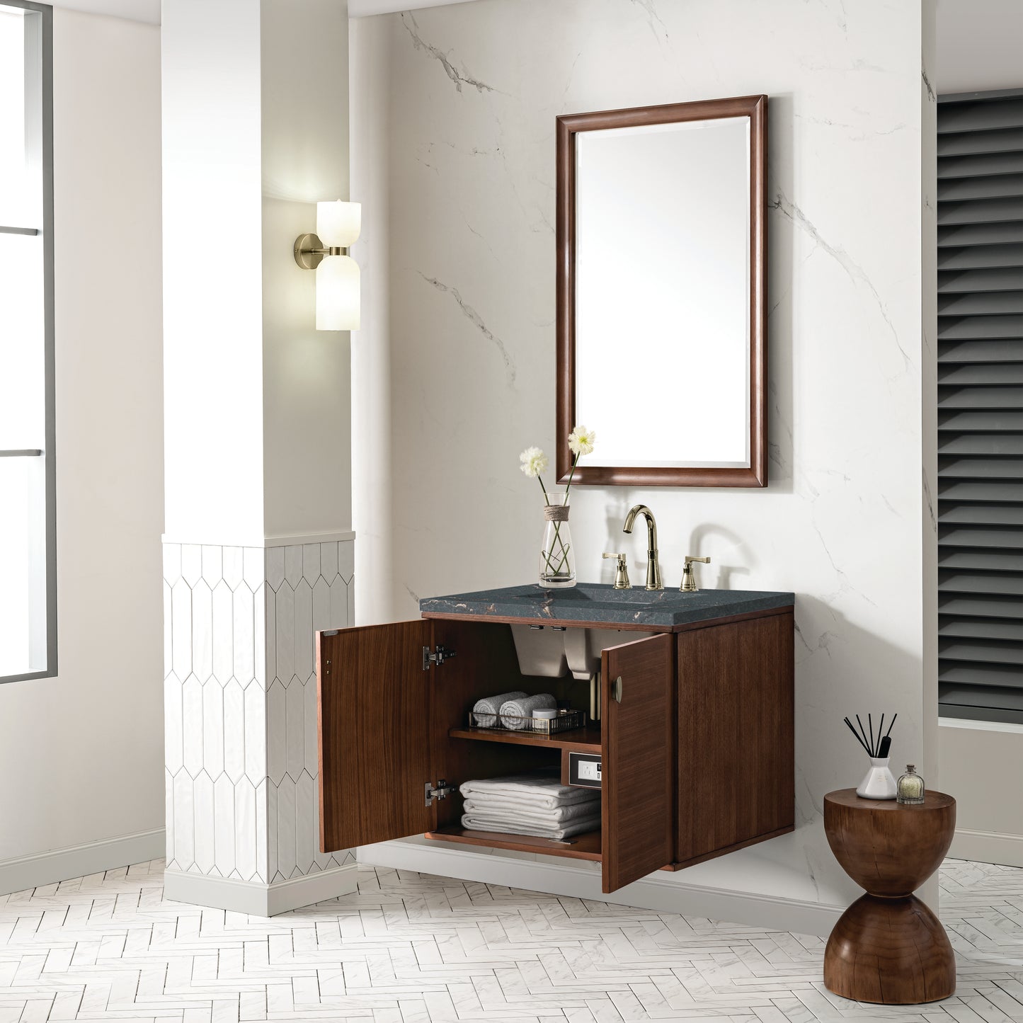 Renovate for Less Atlanta Amberly 30" Single Vanity, Mid-Century Walnut w/ 3 CM Parisien Bleu Top