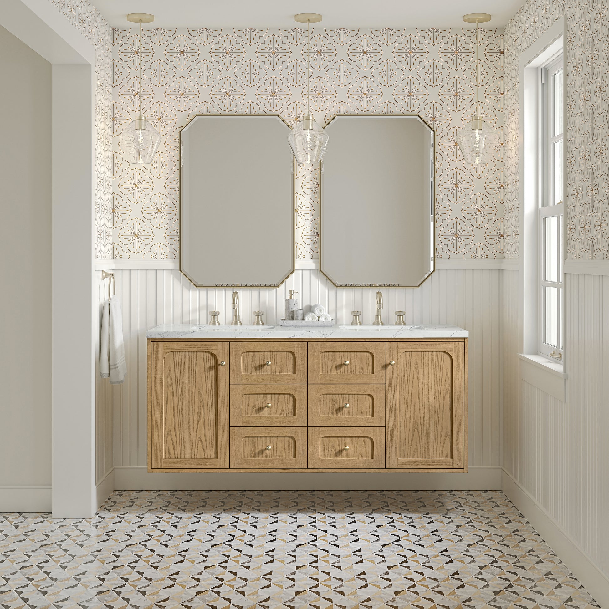 Renovate for Less Atlanta Laurent 60" Double Vanity, Light Natural Oak, w/ 3 CM Ethereal Noctis Quartz Top w/FreePower Wireless Charger