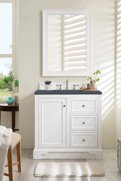De Soto 36" Single Vanity, Bright White w/ 3 CM Charcoal Soapstone Silestone Top