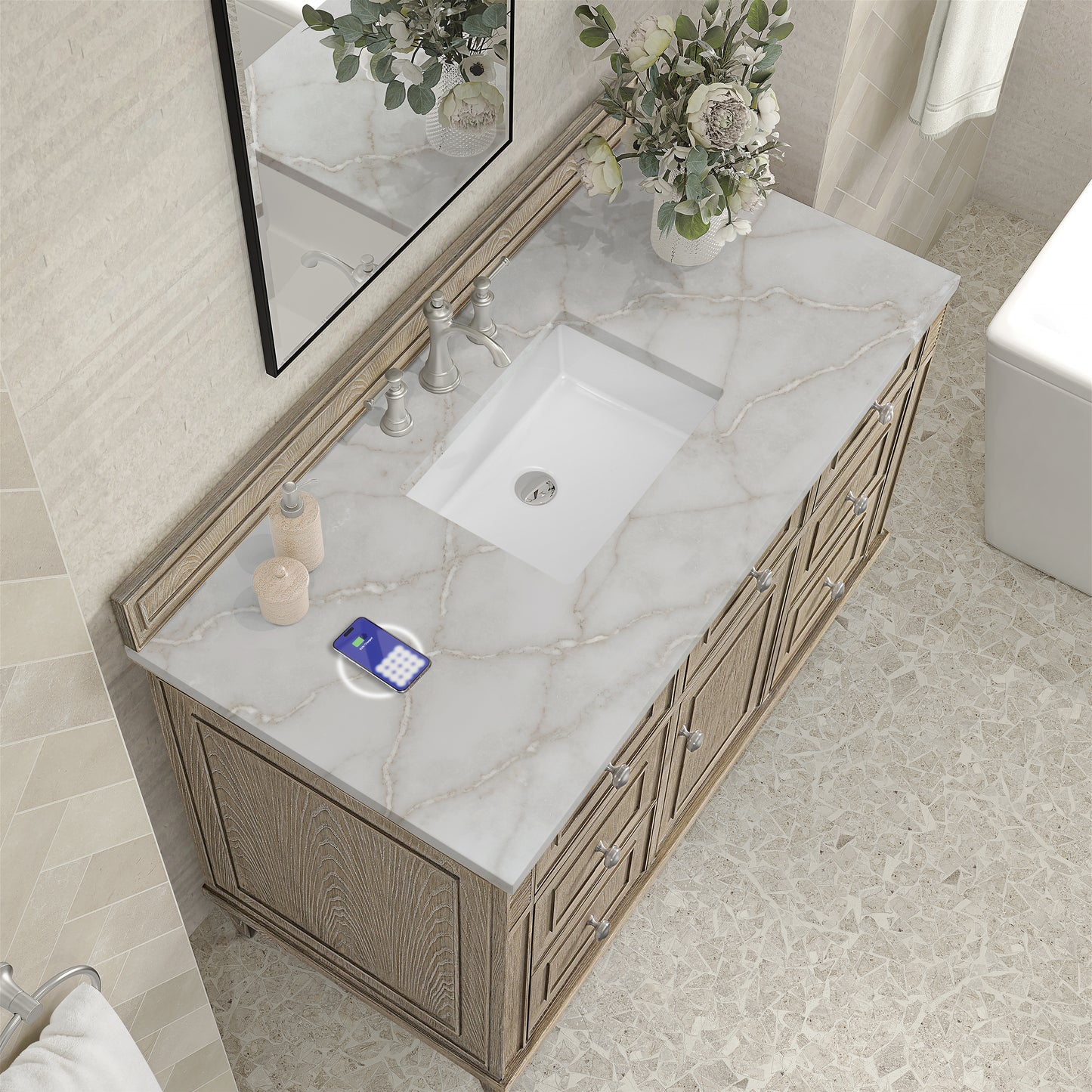 Renovate for Less Atlanta Lorelai 48" Single Vanity, Whitewashed Oak w/ 3 CM Victorian Silver Silestone Top w/FreePower Wireless Charger