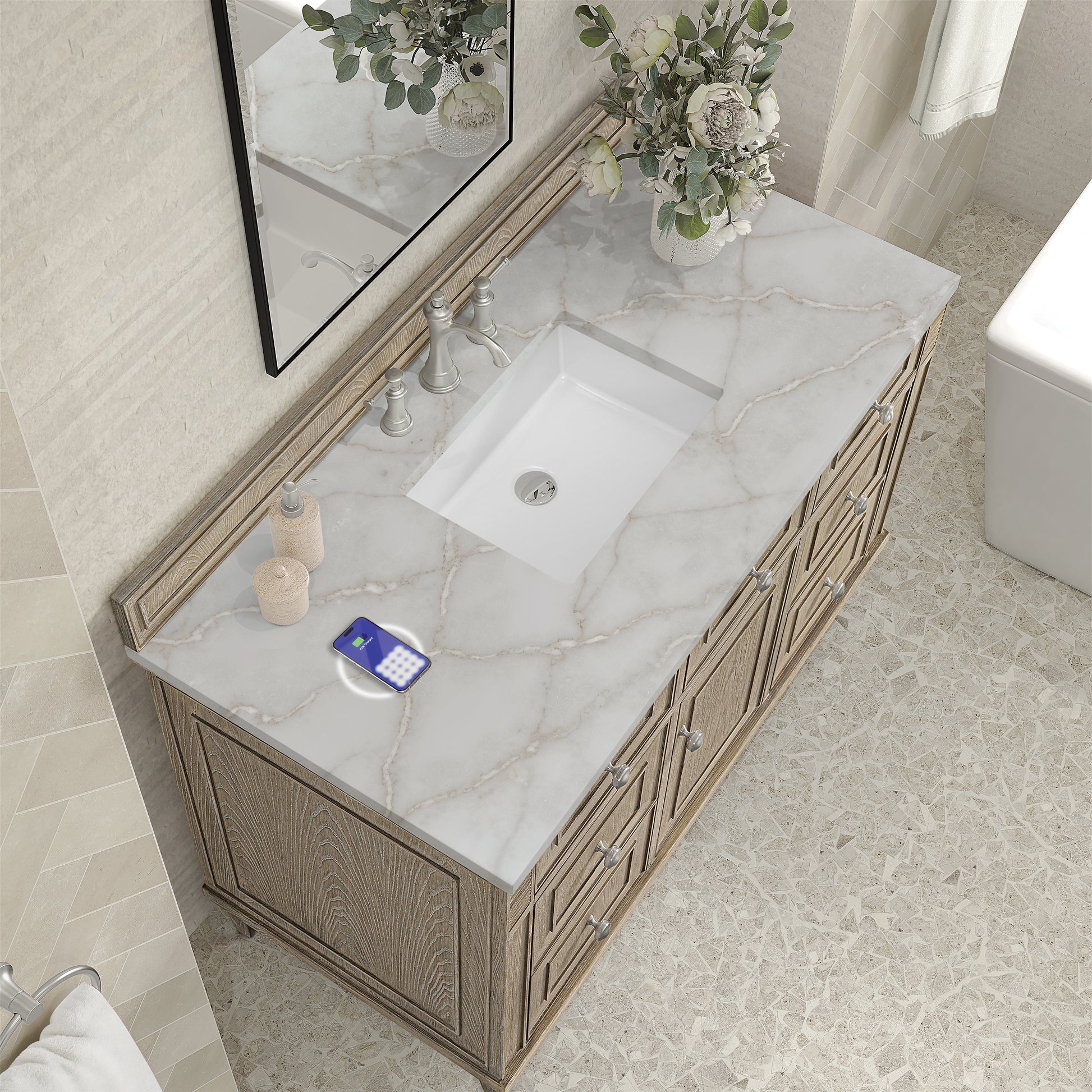Renovate for Less Atlanta Lorelai 48" Single Vanity, Whitewashed Oak w/ 3 CM Victorian Silver Silestone Top w/FreePower Wireless Charger
