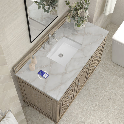Renovate for Less Atlanta Lorelai 48" Single Vanity, Whitewashed Oak w/ 3 CM Victorian Silver Silestone Top w/FreePower Wireless Charger