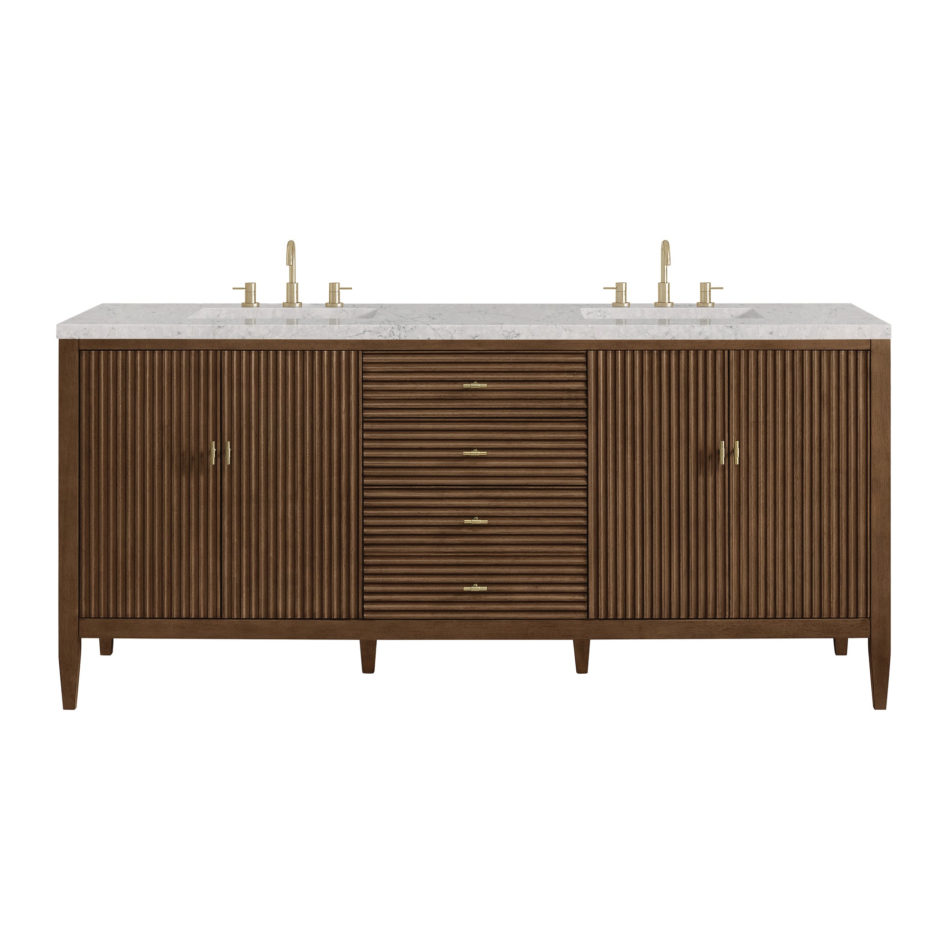 Renovate for Less Atlanta Myrrin 72" Double Vanity, Mid Century Walnut w/ 3 CM Eternal Jasmine Pearl Silestone Top w/FreePower Wireless Charger