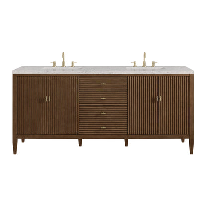 Myrrin 72" Double Vanity, Mid Century Walnut w/ 3 CM Eternal Jasmine Pearl Silestone Top w/FreePower Wireless Charger