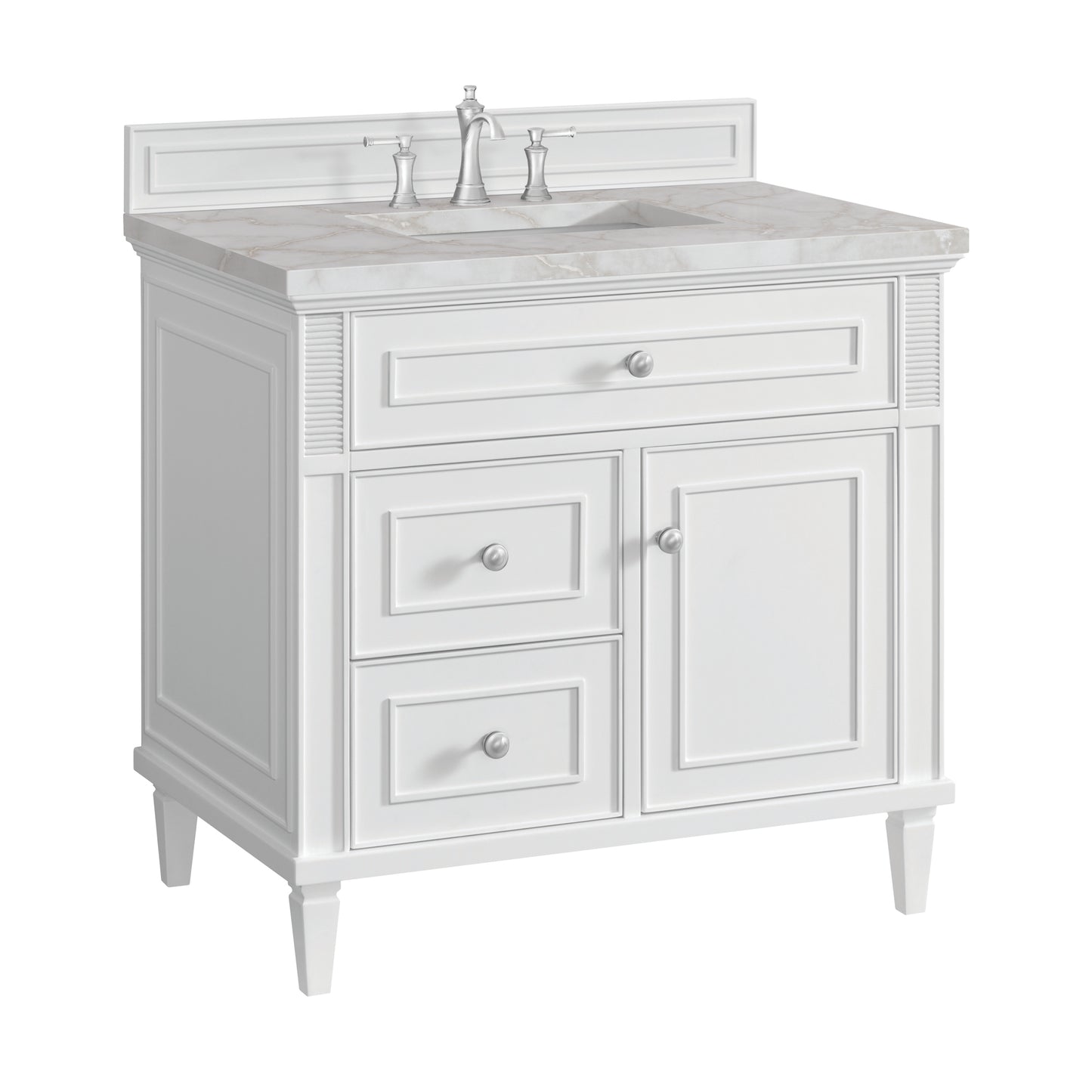 Renovate for Less Atlanta Lorelai 36" Single Vanity, Bright White w/ 3 CM Victorian Silver Silestone Top