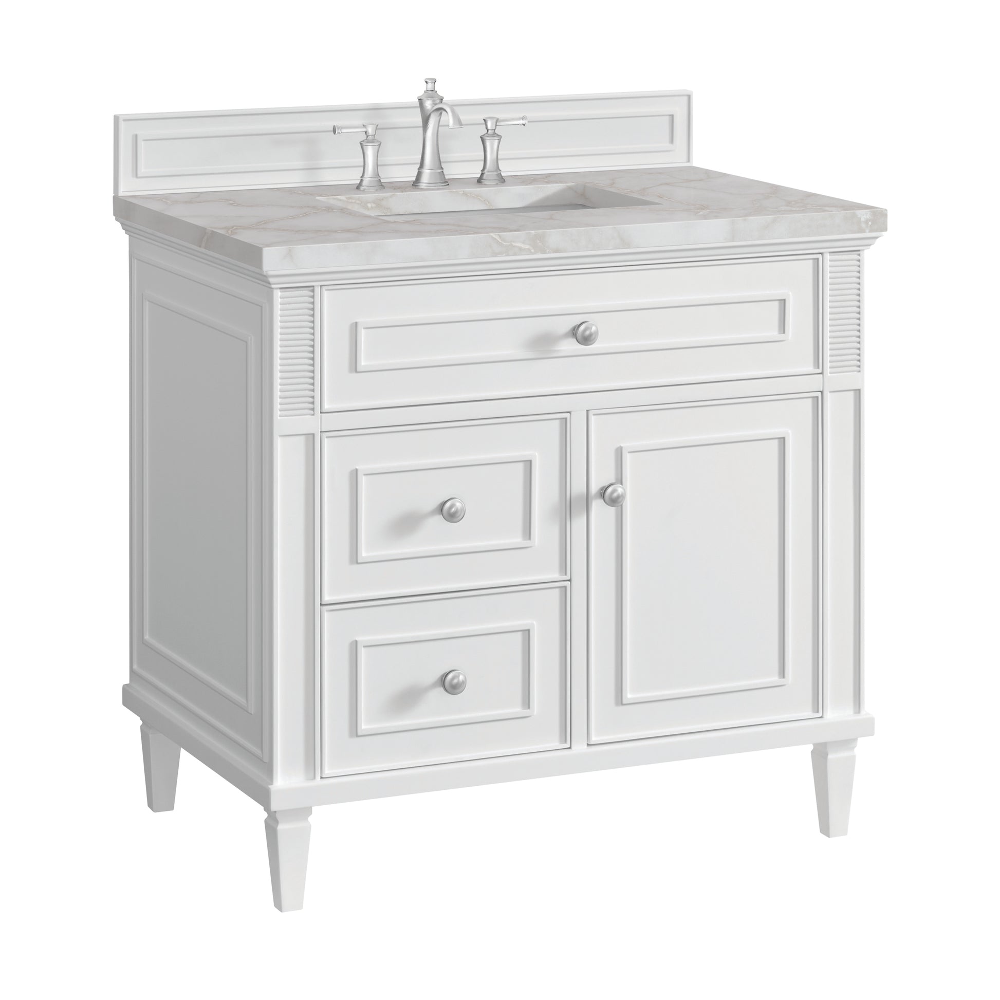 Renovate for Less Atlanta Lorelai 36" Single Vanity, Bright White w/ 3 CM Victorian Silver Silestone Top