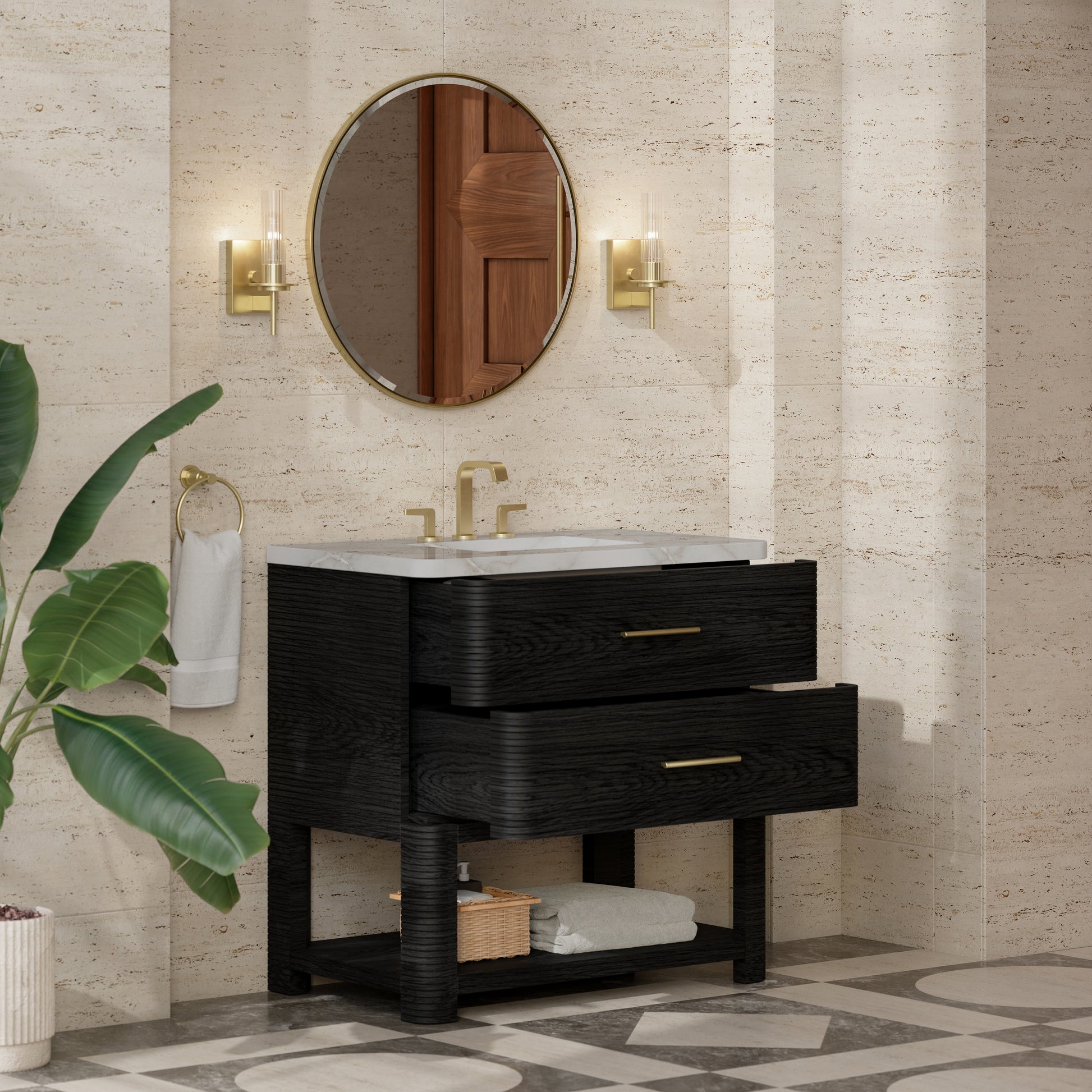 Renovate for Less Atlanta Lucian 36" Single Vanity, Carbon Oak w/ 3 CM Victorian Silver Silestone Widespread Top
