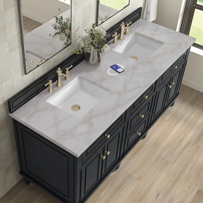 Renovate for Less Atlanta Lorelai 72" Double Vanity, Black Onyx w/ 3 CM Victorian Silver Silestone Top w/FreePower Wireless Charger
