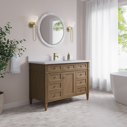 Renovate for Less Atlanta Brittany 48" Single Vanity, Pecan w/ Single Hole 3 CM White Zeus Silestone Top and Matching Backsplash