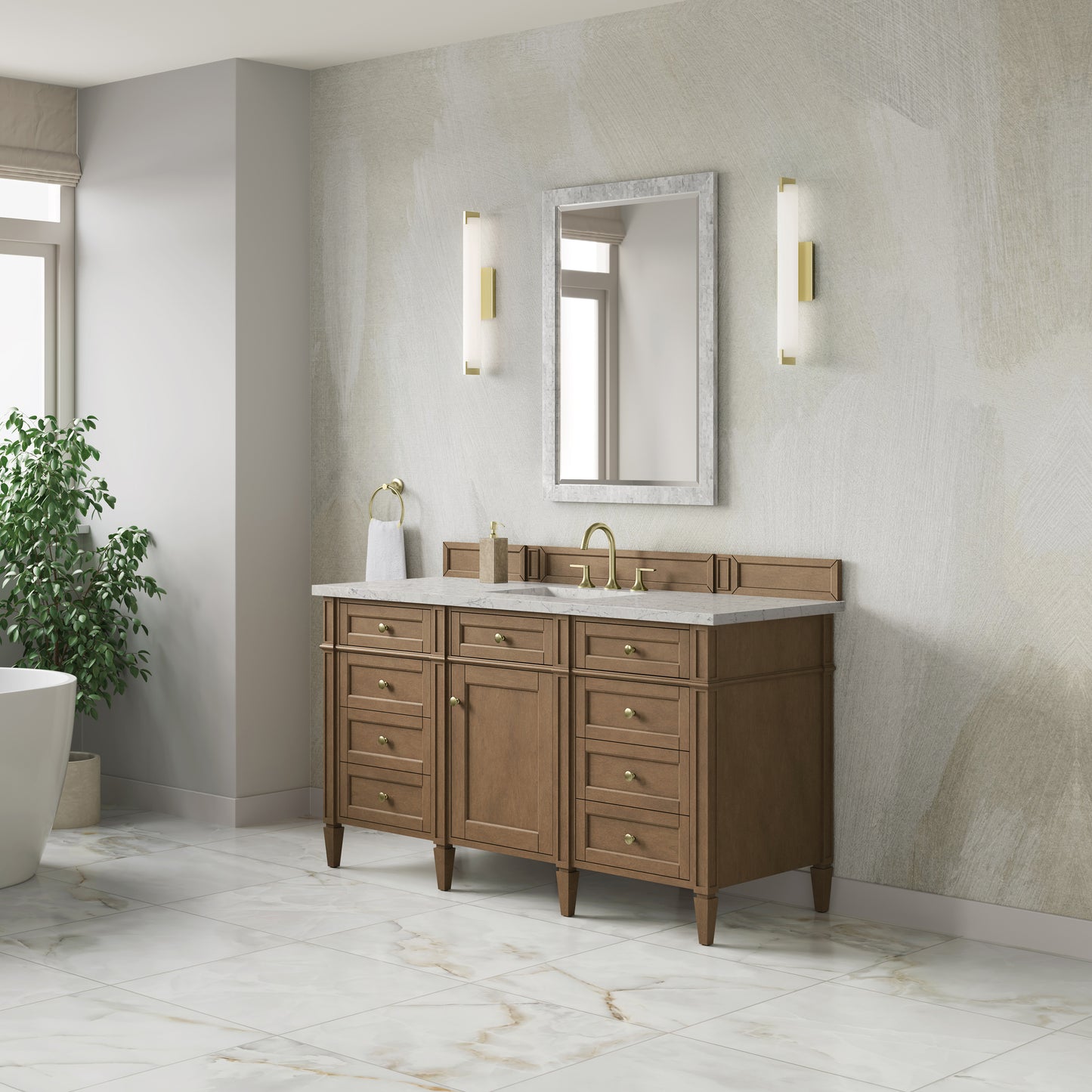 Renovate for Less Atlanta Brittany 60" Single Vanity, Pecan w/ 3 CM Eternal Jasmine Pearl Silestone Top w/FreePower Wireless Charger