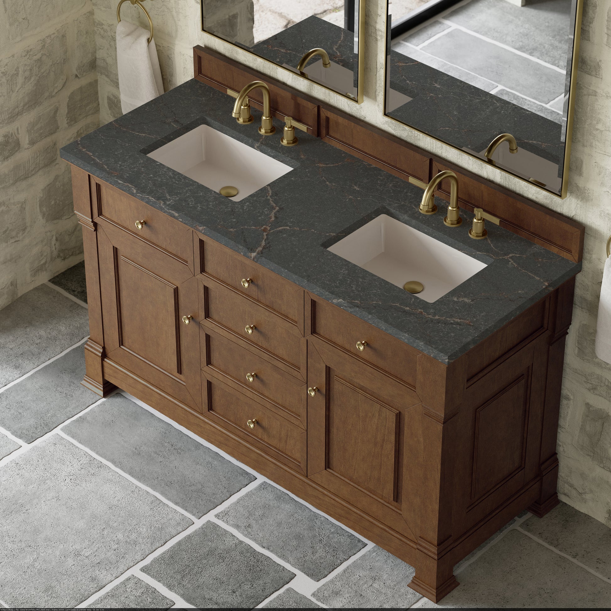 Renovate for Less Atlanta Brookfield 60" Double Vanity, Honey Oak w/ 3 CM Parisien Bleu Silestone Top
