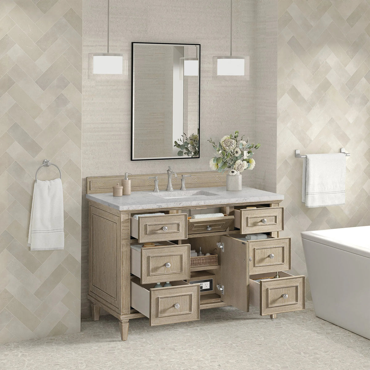 Lorelai 48" Single Vanity, Whitewashed Oak w/ 3 CM Eternal Jasmine Pearl Silestone Top
