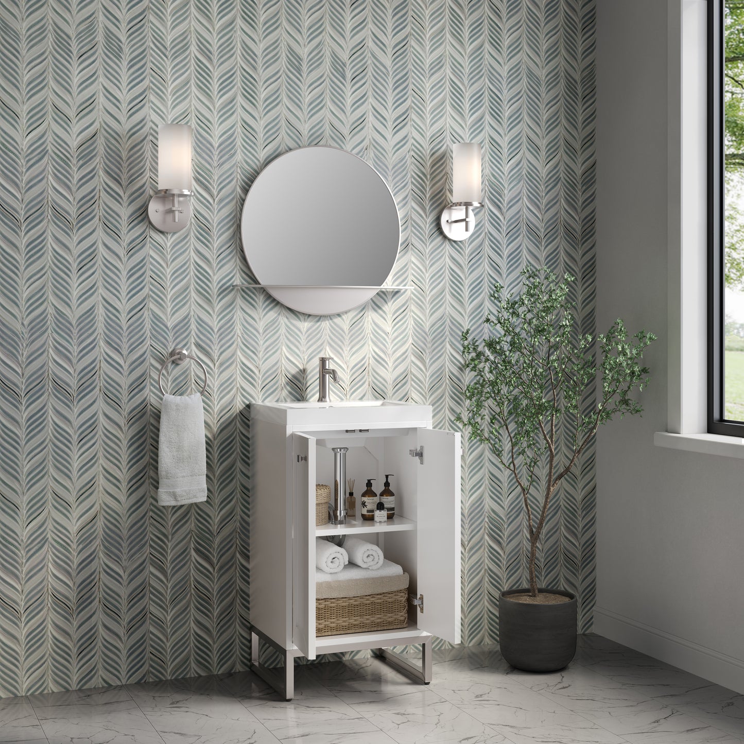 Renovate for Less Atlanta Chianti 20" Single Vanity, Glossy White, Brushed Nickel, w/ White Glossy Composite Stone Top