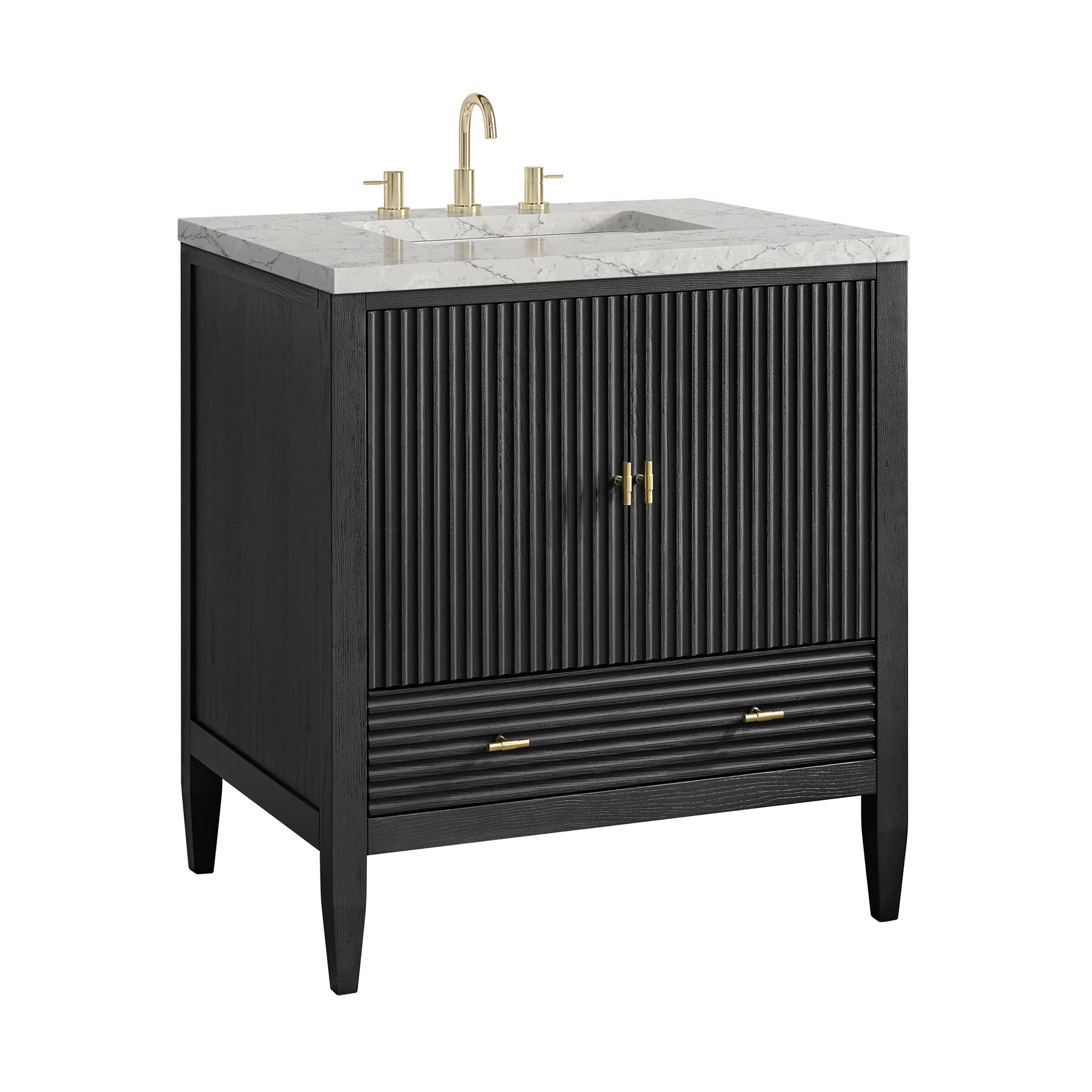 Renovate for Less Atlanta Myrrin 30" Single Vanity, Carbon Oak w/ 3 CM Eternal Jasmine Pearl Silestone Top