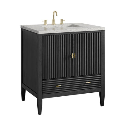 Renovate for Less Atlanta Myrrin 30" Single Vanity, Carbon Oak w/ 3 CM Eternal Jasmine Pearl Silestone Top