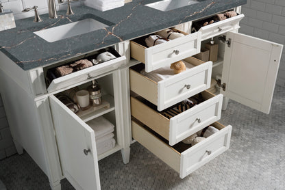 Renovate for Less Atlanta Brittany 60" Double Vanity, Bright White Vanity w/ 3 CM Parisien Bleu Silestone Top