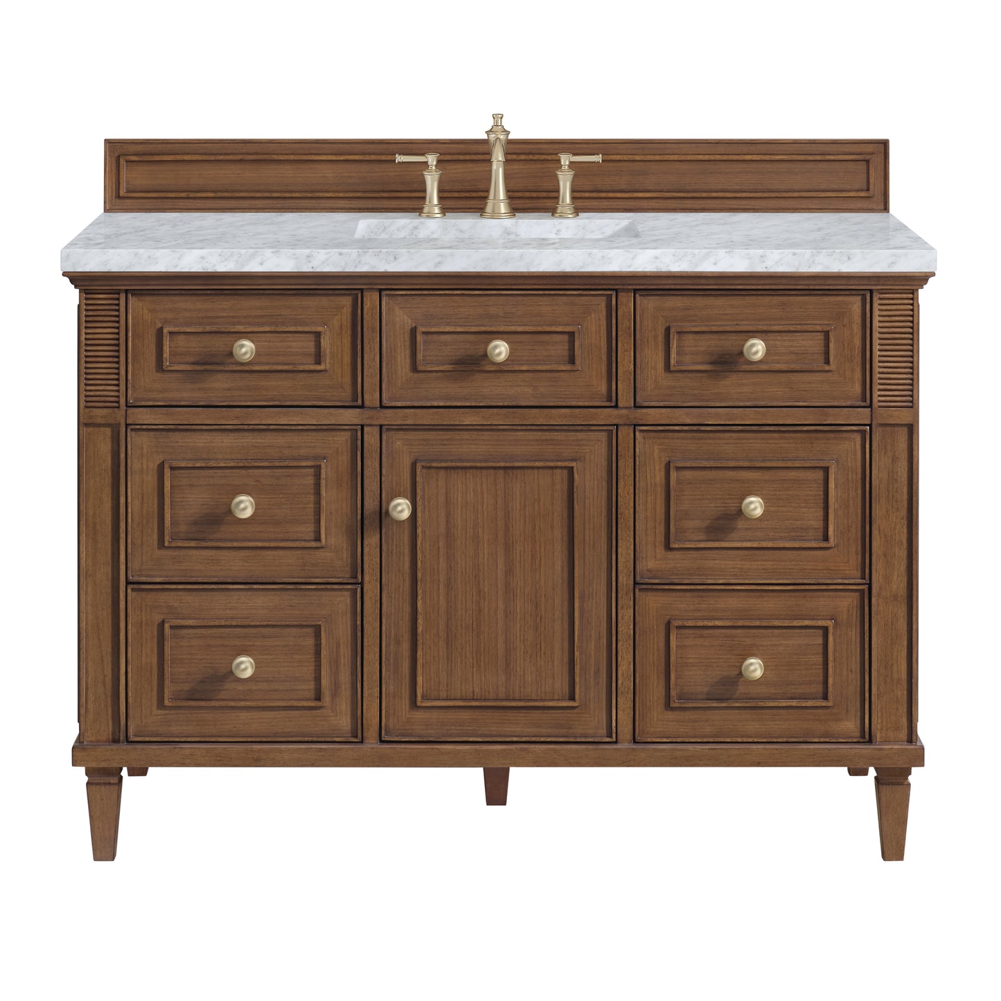 Renovate for Less Atlanta Lorelai 48" Single Vanity, Mid-Century Walnut w/ 3 CM Carrara White Marble Top