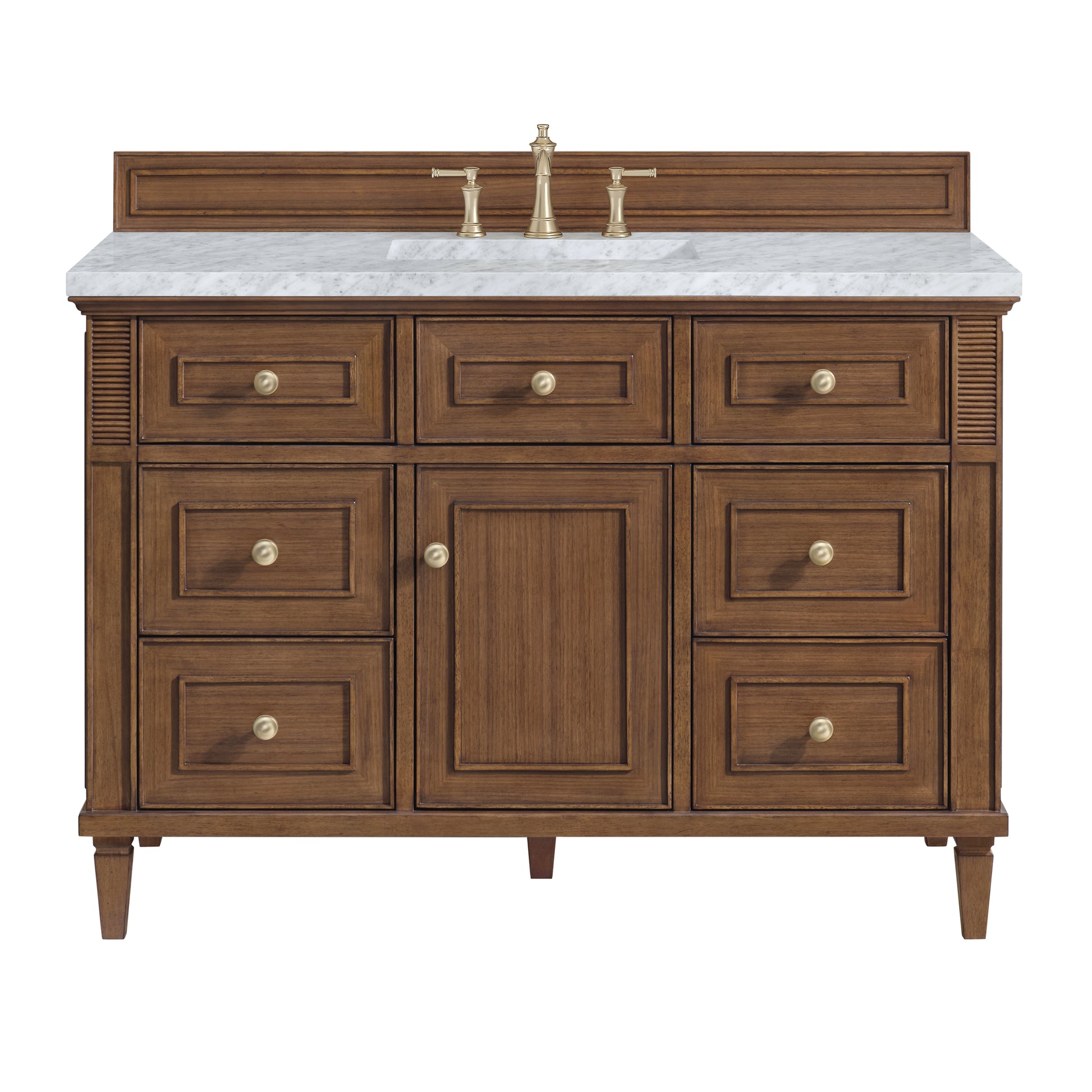 Renovate for Less Atlanta Lorelai 48" Single Vanity, Mid-Century Walnut w/ 3 CM Carrara White Marble Top