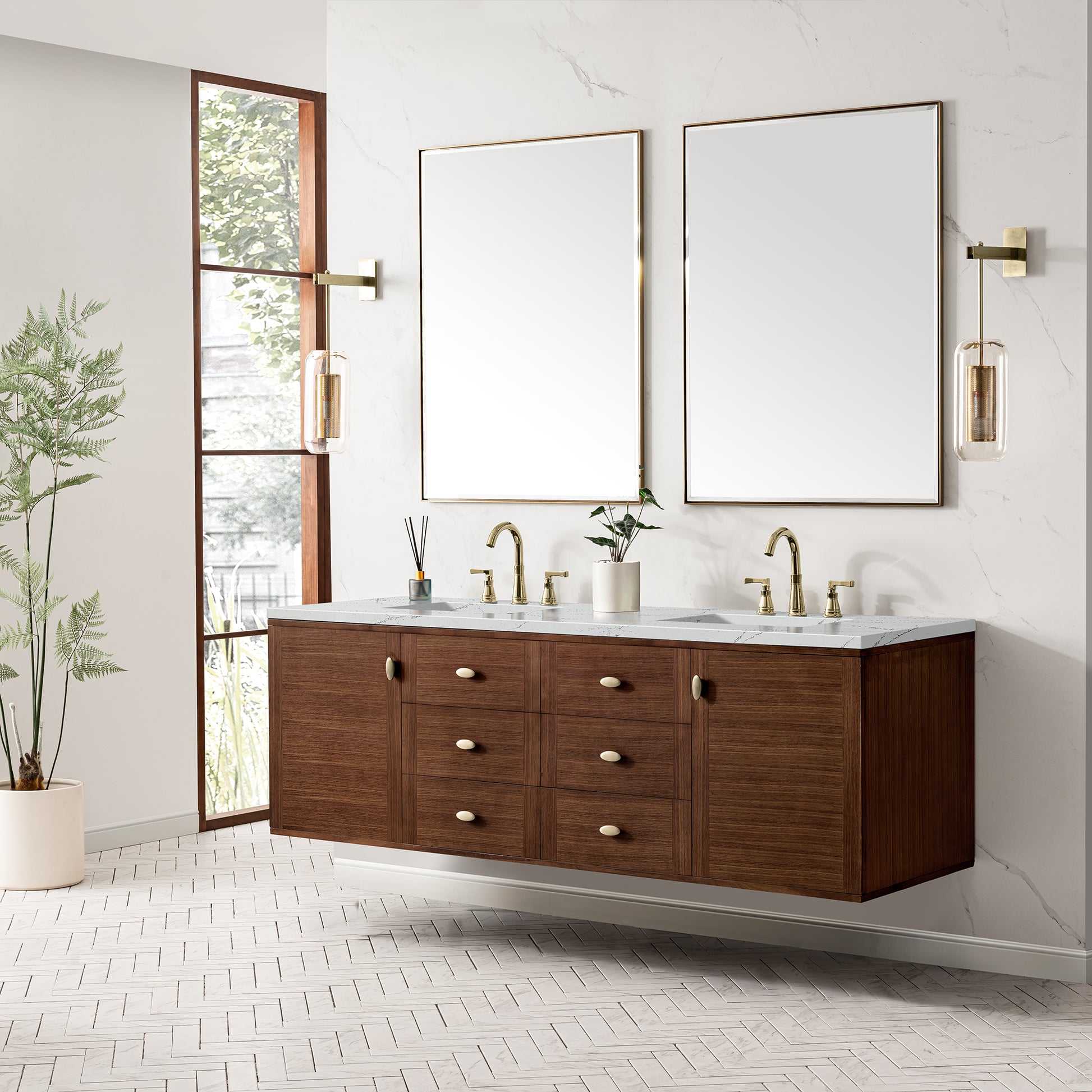 Renovate for Less Atlanta Amberly 72" Double Vanity, Mid-Century Walnut w/ 3 CM Ethereal Noctis Top