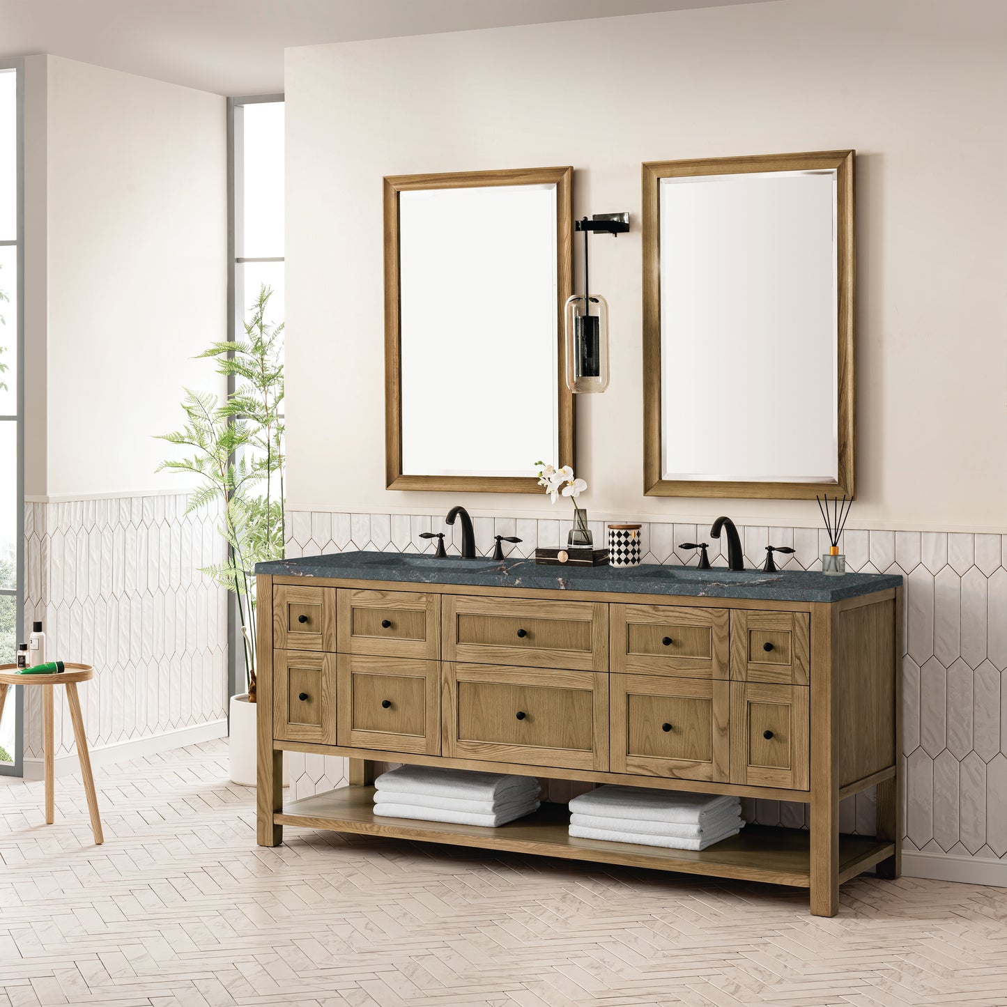 Renovate for Less Atlanta Breckenridge 72" Double Vanity, Light Natural Oak w/ 3 CM Parisien Bleu Top w/FreePower Wireless Charger