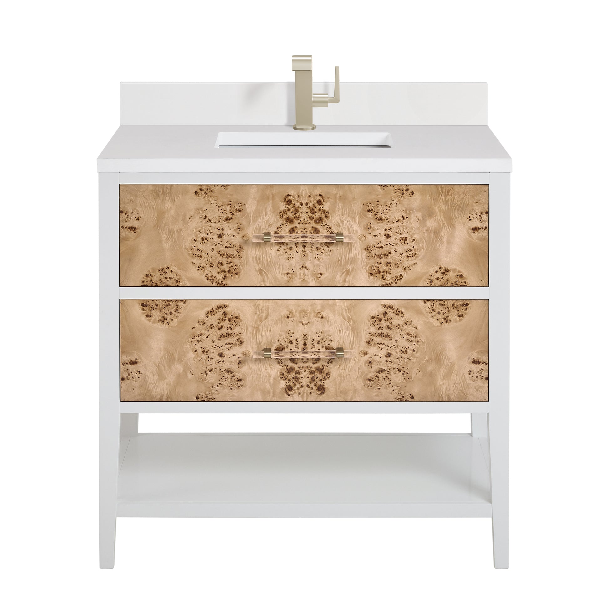 Renovate for Less Atlanta Olena 36" Single Vanity, Light Mappa Burl and Polished White w/ Single Hole 3 CM White Zeus Silestone Top & Backsplash