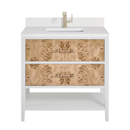 Renovate for Less Atlanta Olena 36" Single Vanity, Light Mappa Burl and Polished White w/ Single Hole 3 CM White Zeus Silestone Top & Backsplash