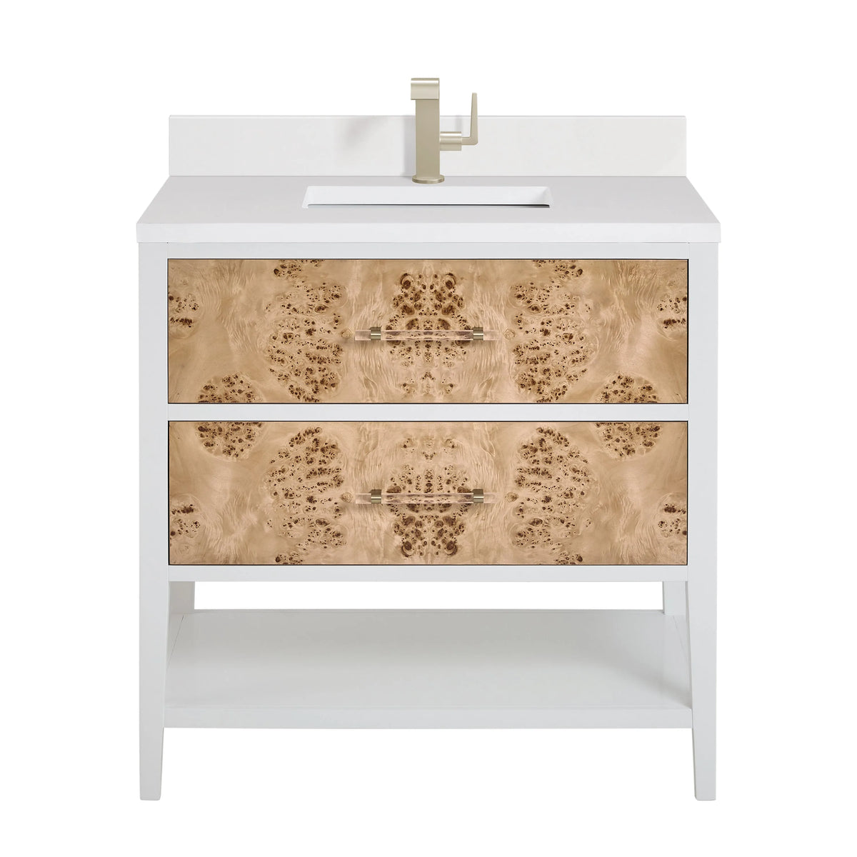 Olena 36" Single Vanity, Light Mappa Burl and Polished White w/ Single Hole 3 CM White Zeus Silestone Top & Backsplash